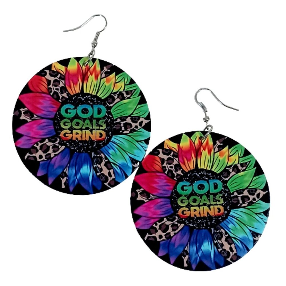 God Goals Grind Sunflower Leopard Neon Medium Statement Dangle Wood Earrings
